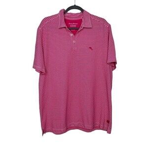 Tommy Bahama Mens XL Pink White Stripe Islandzone Pima Cotton Golf Polo Shirt
